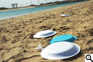 Trash plastic and paper plates left in the beach